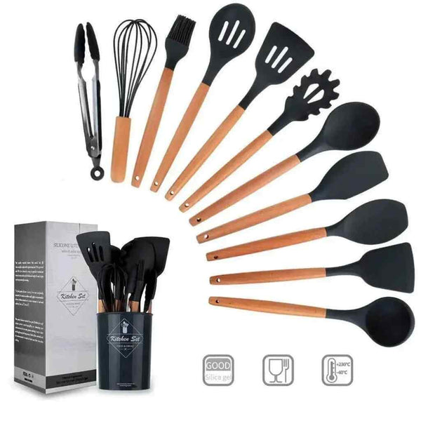 12PCS Silicone Kitchenware Set, Non Stick Cookware Utensils, Wooden Spatula for Cooking, Kitchen Tool Set Amazoline Store