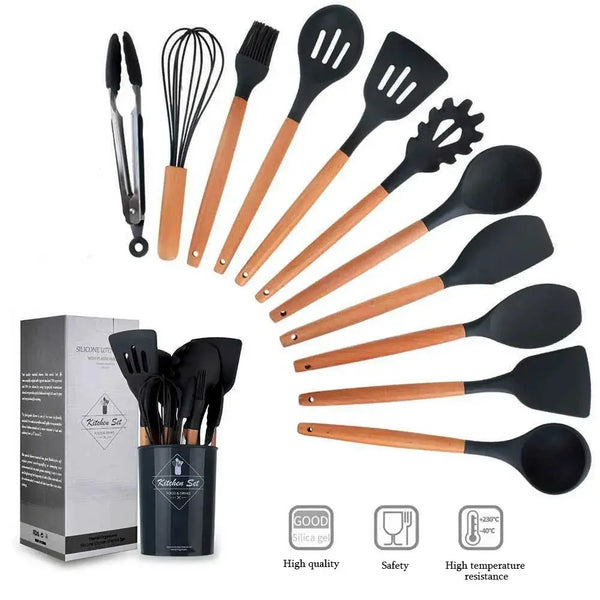 12PCS Silicone Kitchenware Set, Non Stick Cookware Utensils, Wooden Spatula for Cooking, Kitchen Tool Set Amazoline Store