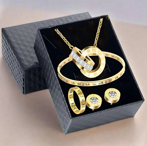 Amazoline Store Women Wedding sets Luxury Roman Numeral Necklace Earring Bracelet Ring Set Never Fade 316L Stainless Steel Wedding Jewelry Sets Gift Box Amazoline Store