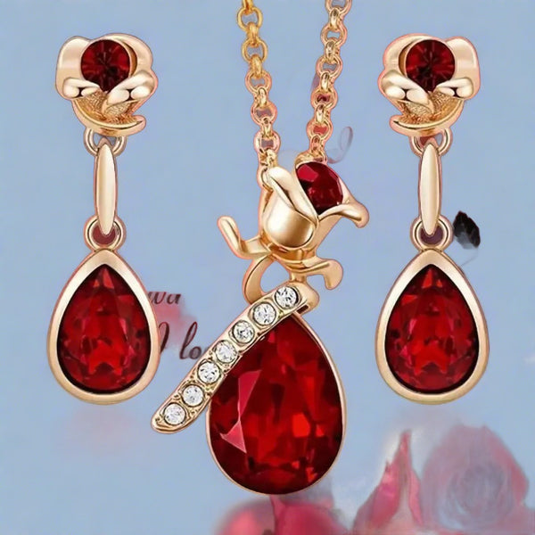 Luxury Fashion For Women Ruby Rose Flower and Droplet Shape Pendant Women Necklace Earrings Set Wedding Anniversary Jewelry Amazoline Store