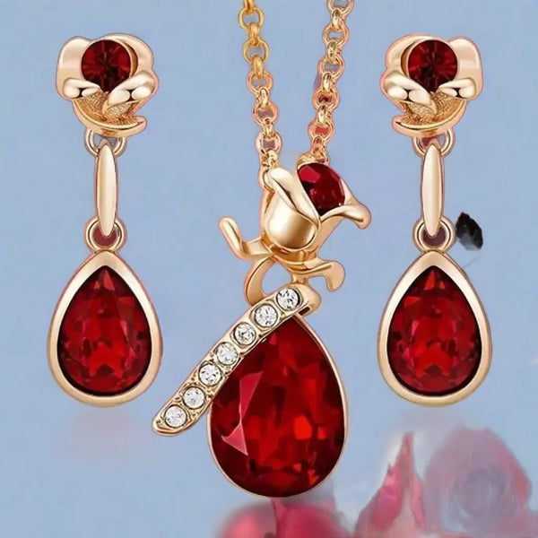 Luxury Fashion For Women, Ruby Rose Flower, Droplet Shape Pendant , Women Necklace Earrings Set Amazoline Store
