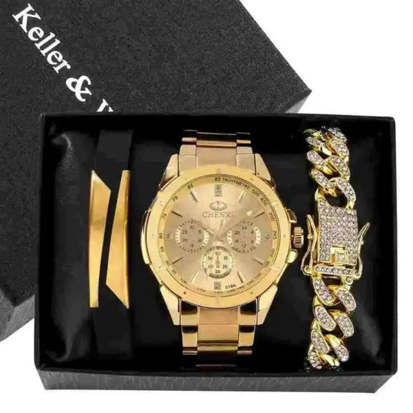 Luxury Gold Watches For Men Set with Box Quartz Wrist watch Luxury gold  Bracelet Unique Christmas Gifts For Husband Amazoline Store