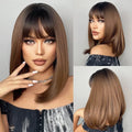 Short Straight Bob Wigs with Bangs Golden Brown Natural Synthetic Hair for Women Daily Cosplay Heat Resistant Fiber Amazoline Store