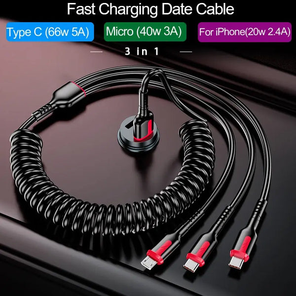 5A 66W Fast Charging USB Type C Cable 3A Micro USB Spring Car Cable For Xiaomi Redmi Samsung Realm Phone Accessories For iPhone Amazoline Store