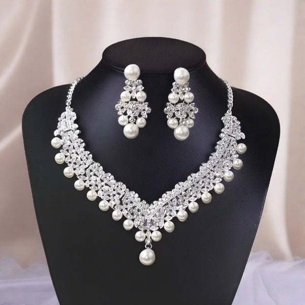Crystal Pearl Costume jewelry sets Necklace Earrings Tiara Bridal Women Wedding Amazoline Store